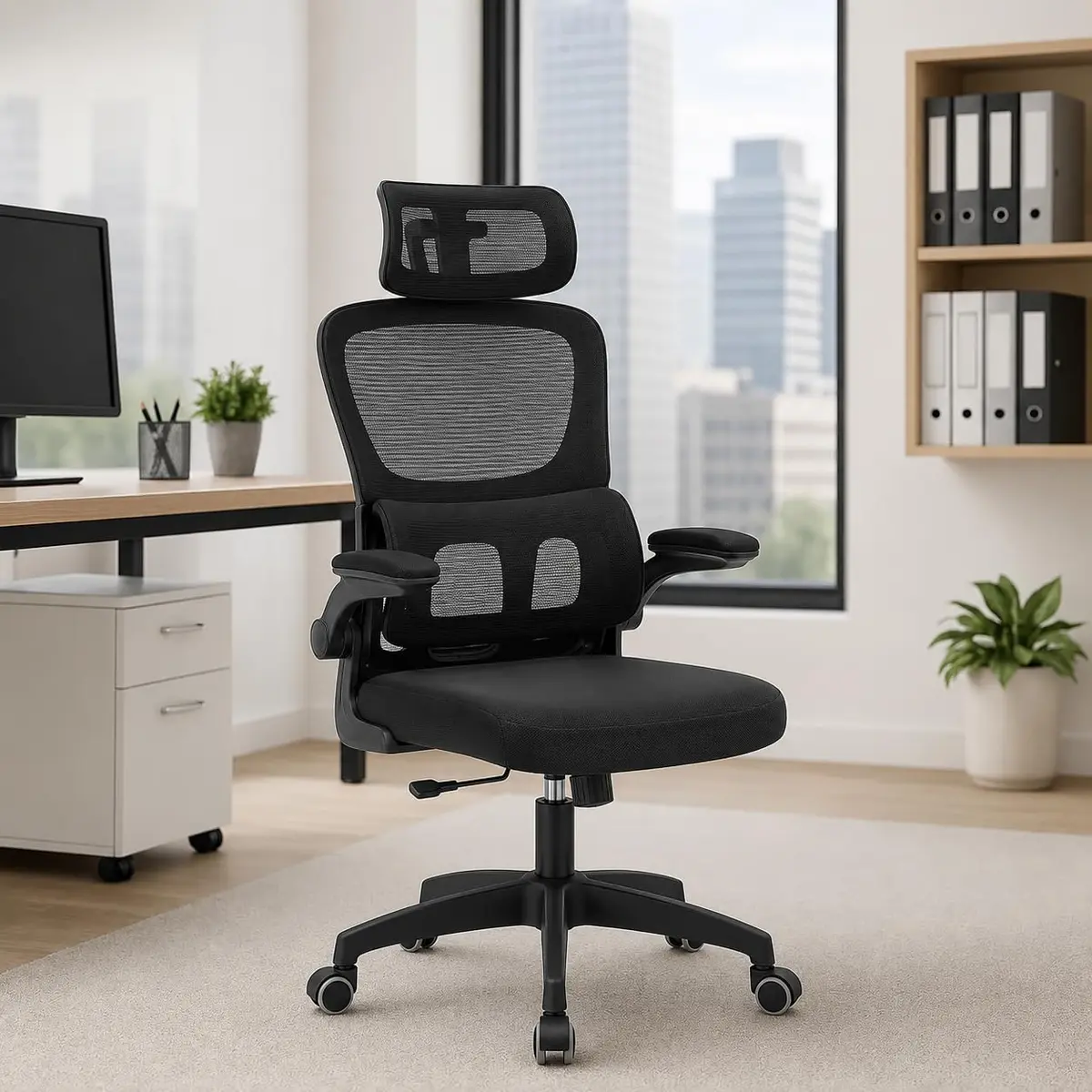 Cadeira de Escritório Suporte Lombar Ergonômico Malha Respirável Mesh Apoio Cabeça Confortavél Art Cadeiras Presidente Premium