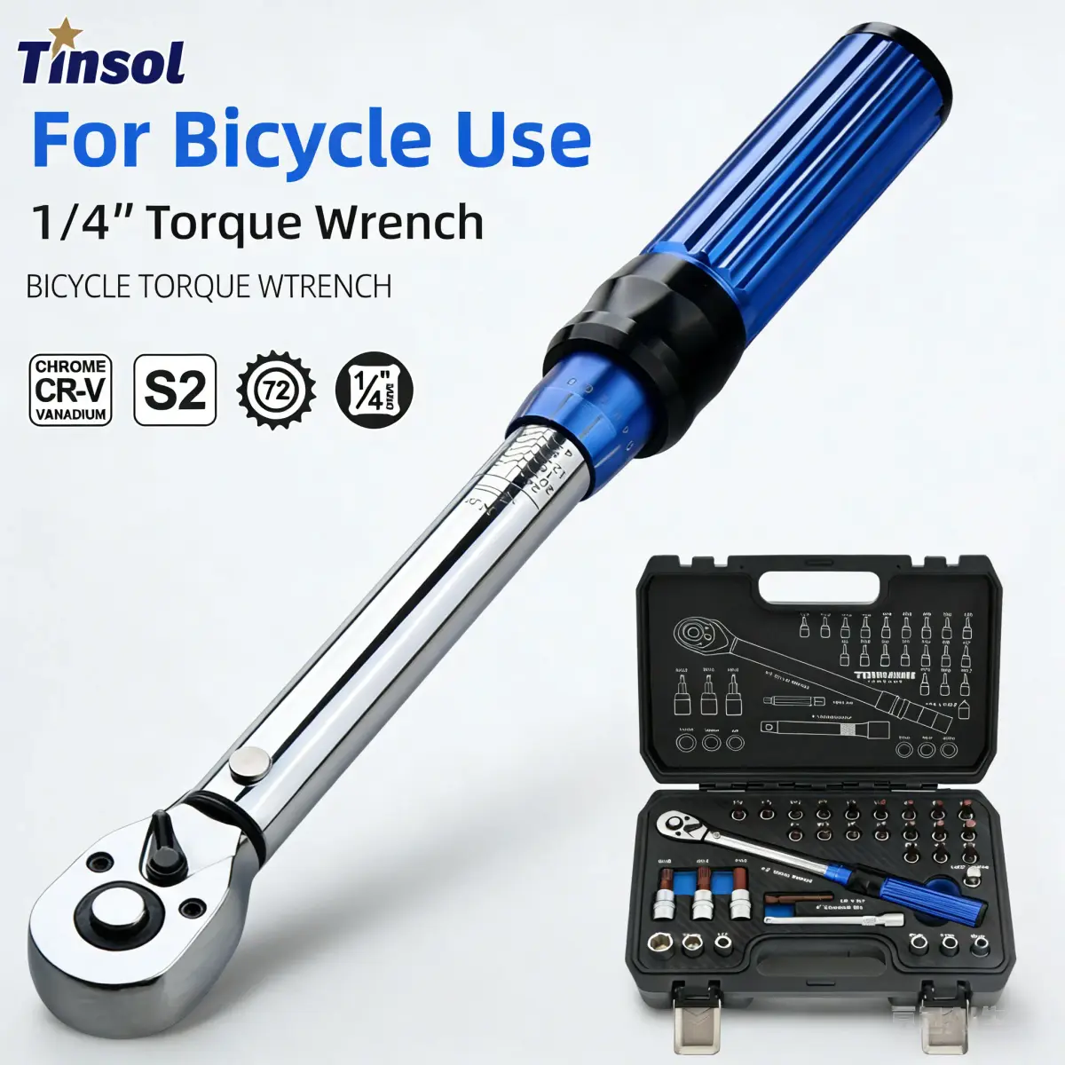 Chave de Torque TINSOL 32PC 1/4 para Bicicleta, Torquímetro Ajustável com Catraca de 72 Dentes, Alta Precisão ±3%, Kit de Manutenção