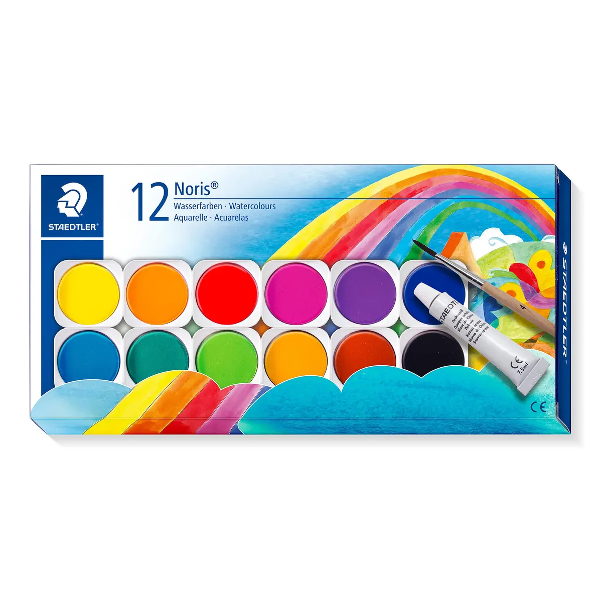 Aquarela, Noris Club, Staedtler, 888NC12, 12 Cores, Colorido, 12 Pots | Aquarelas fáceis de misturar com paleta e pincel, estojo portátil – para escola – Art.-Nr. 888 NC12