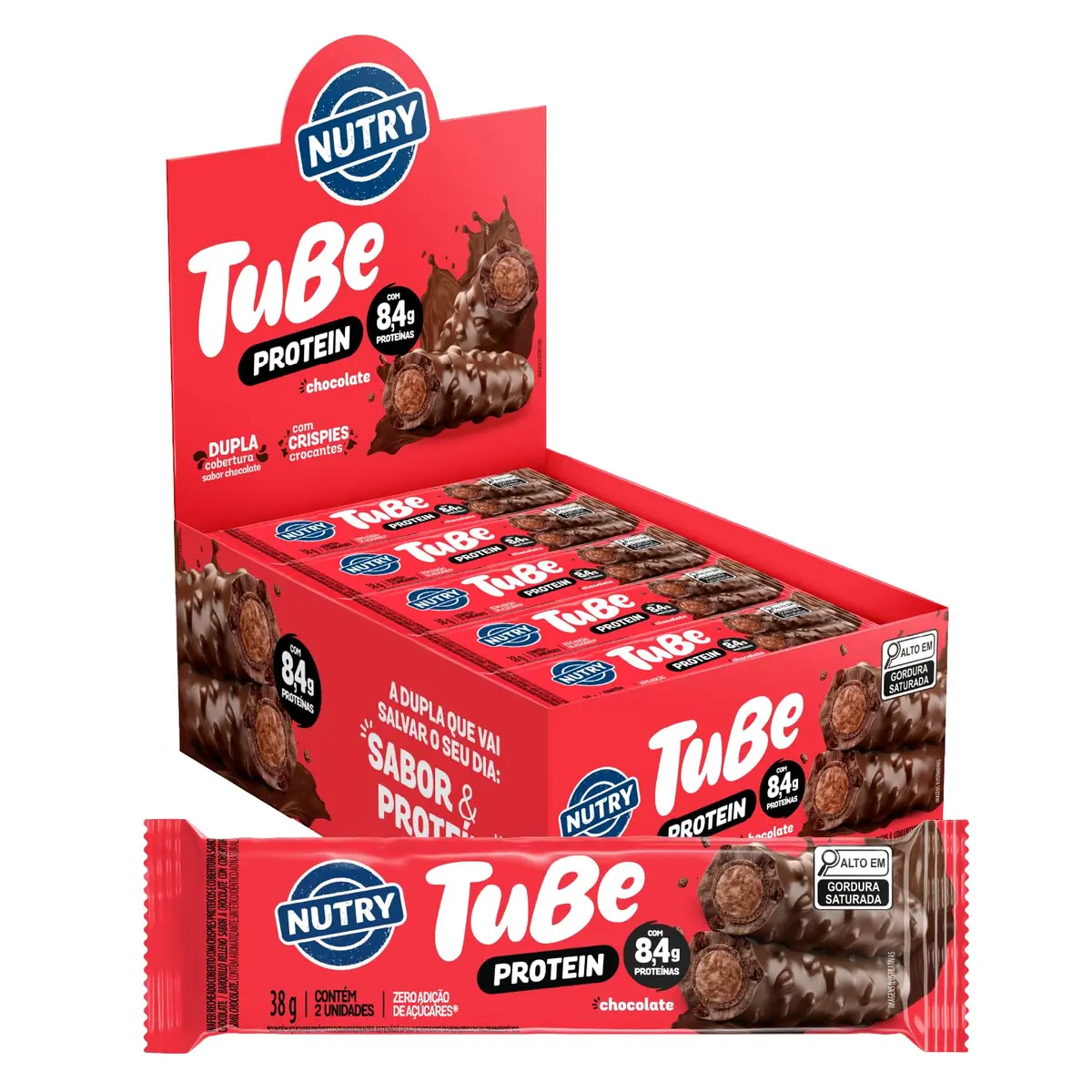 Nutry Tubo de Proteína Tube Protein Chocolate 38g - Display | Com 12 Unidades, 8,4g de Proteína, Cobertura sabor Chocolate e Zero Adição de Açúcares e Cacau