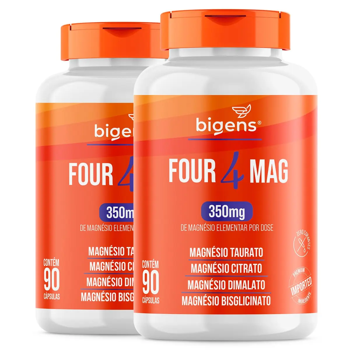 Four Mag, 4 Magnésio, 350mg Magnésio Elementar, 90 Cápsulas, Kit 2 | Taurato, Citrato, Dimalato, Bisglicinato, Bigens