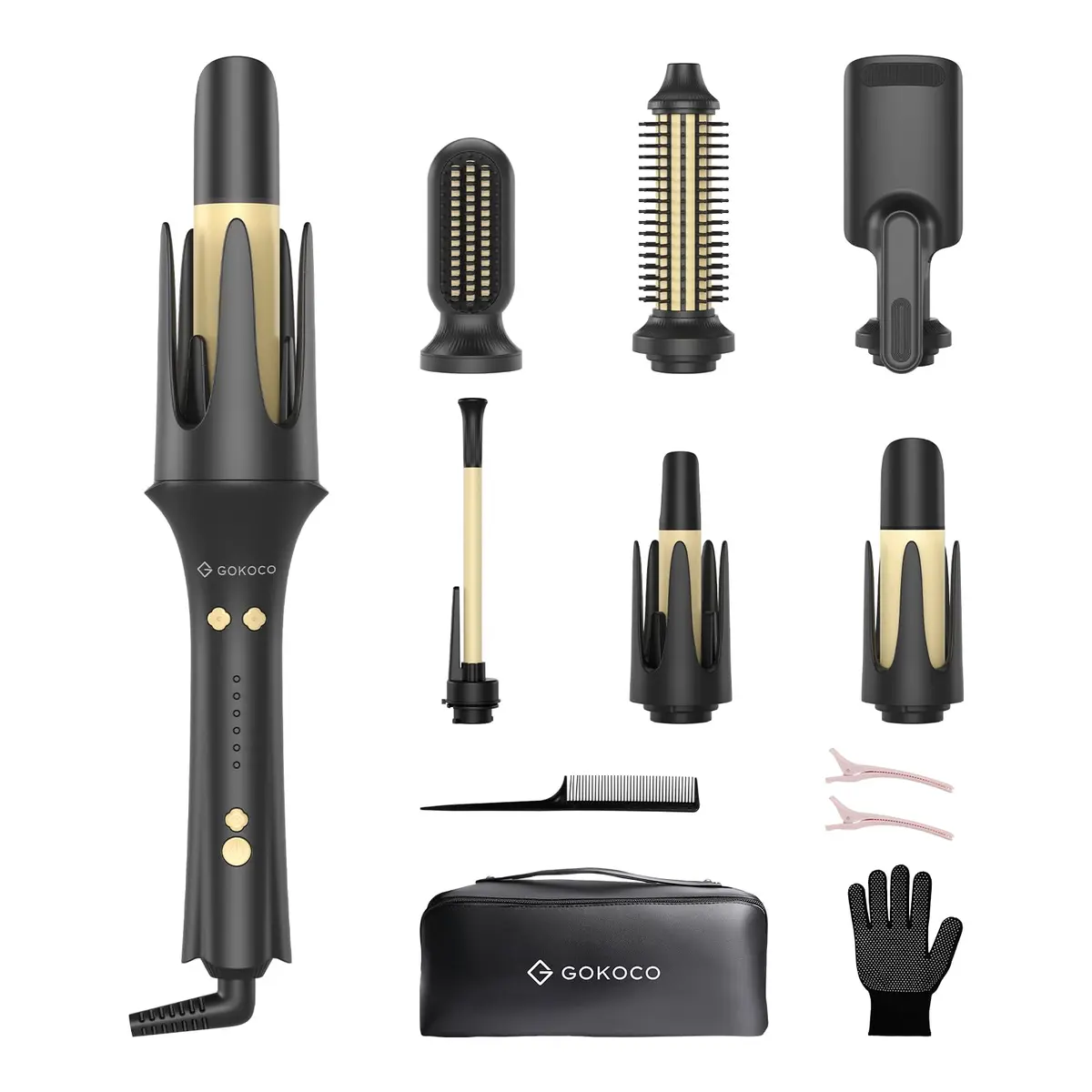 GOKOCO Prancha elétrica alisadora e modeladora de cachos 7 em 1,GD047 Escova Alisadora e Modeladora com Íons Negativos,Kit com 7 Acessórios, Aquecimento Rápido PTC,Temperatura Ajustável, Modelador de Cabelo Profissional,Preta
