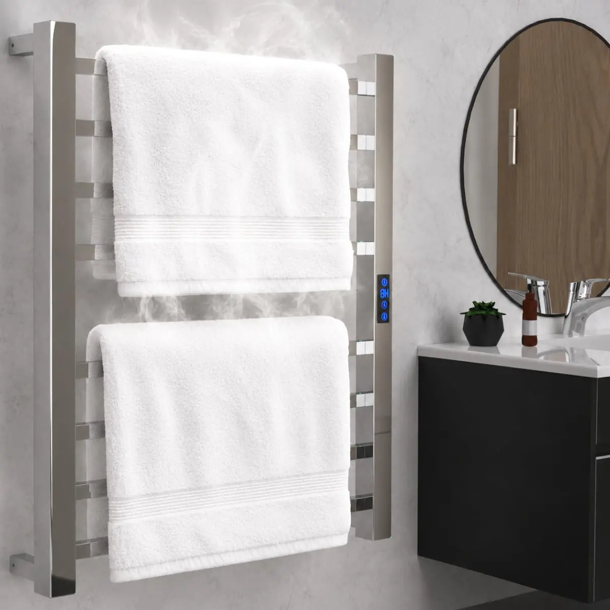 Toalheiro Térmico Elétrico com Timer Digital (Polido, 110v - Lado Direito) | Aço Inoxidável, Secagem Rápida, Aquecimento Uniforme, Baixo Consumo, Até 70C°, Aquecedor de Toalhas, Secador de Toalhas
