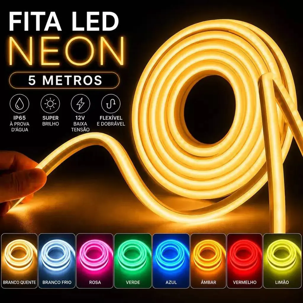 Fita de LED Mangueira Neon 5 Metros IP65 Flexível Com ou Sem Fonte 8 Cores