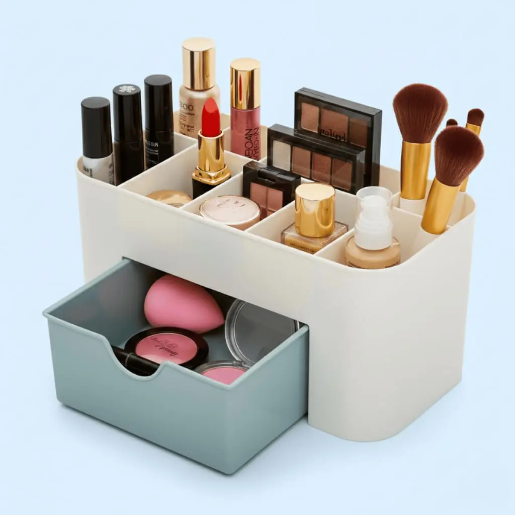Palada Organizador de Maquiagem Mesa com Gaveta Porta Cosméticos 21cm Azul | Multiuso com gaveta para maquiagem, cosméticos, pincéis, canetas e acessórios. Ideal para penteadeira, mesa e escritório.