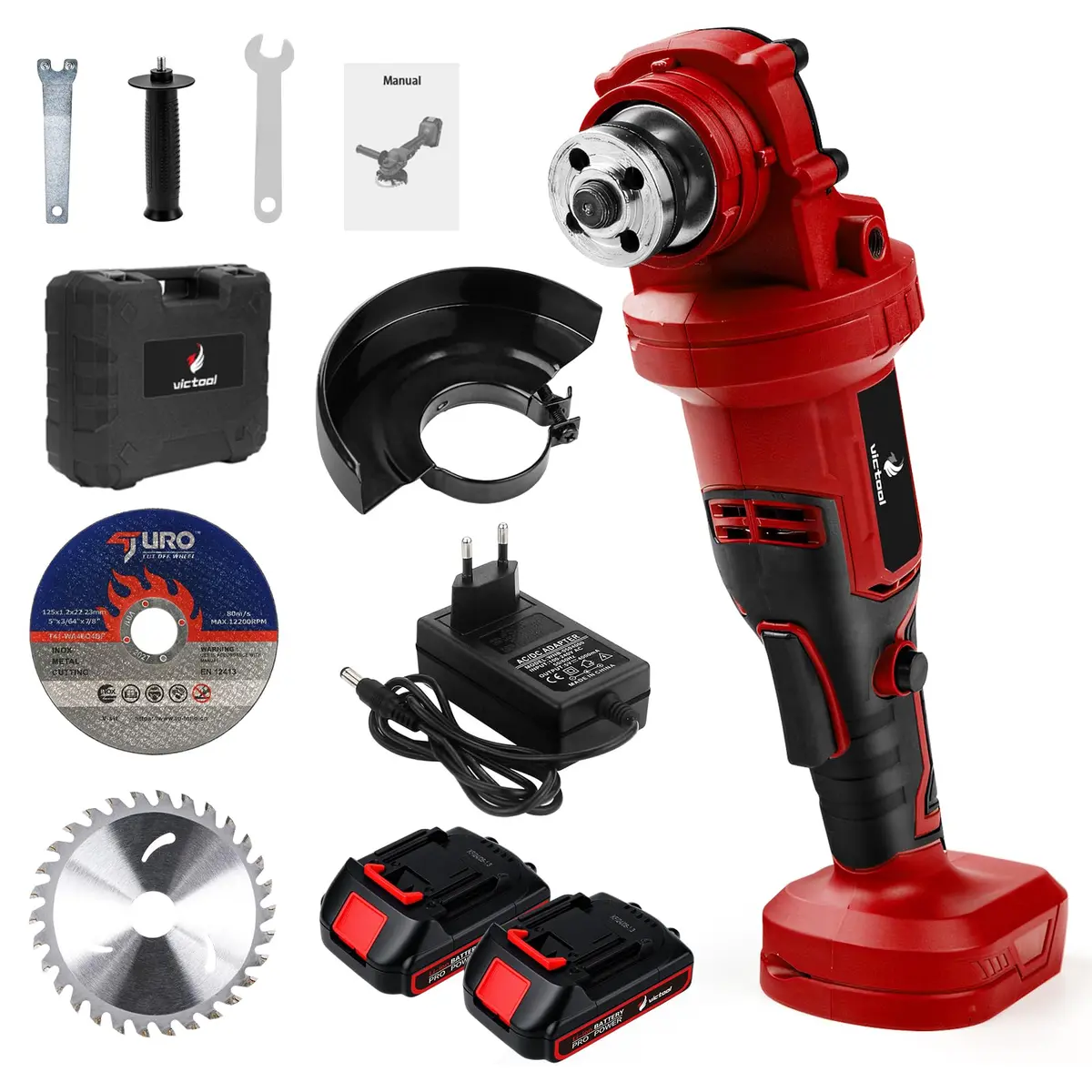 Victool Esmerilhadeira Angular Sem Fio 21V 800W 100mm com Motor de Cobre, 10000 RPM, Empunhadura Auxiliar, Protetor Ajustável, Bateria Recarregável e Kit Completo