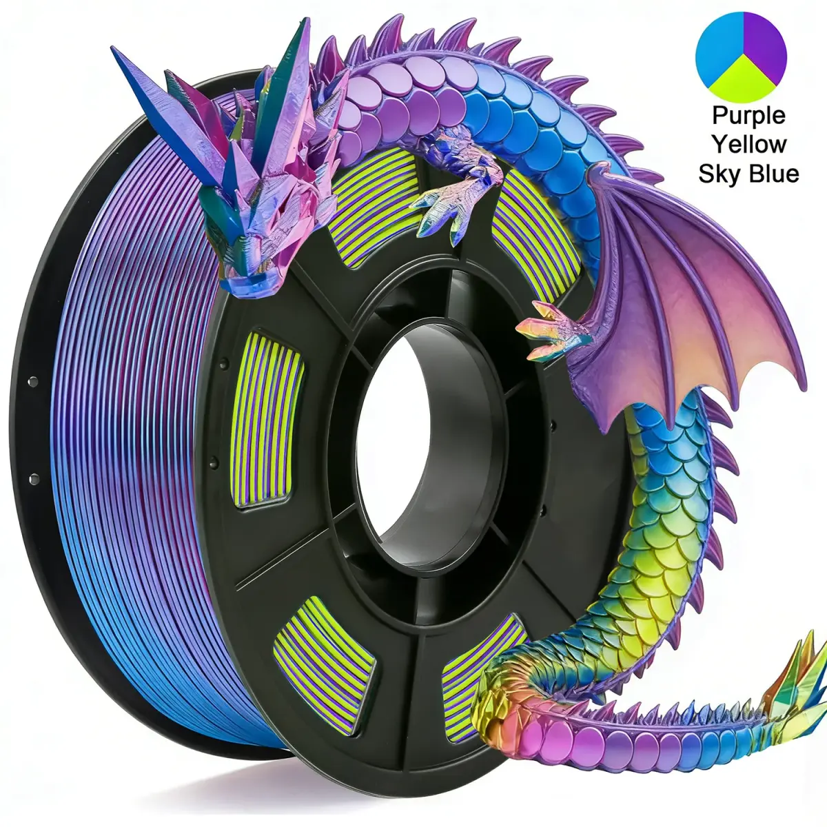 Filamento de Impressão 3D PLA Seda Tricolor, 1.75mm Multicolorido, Roxo, Azul Céu e Amarelo, 250g (0.55lbs) - 1