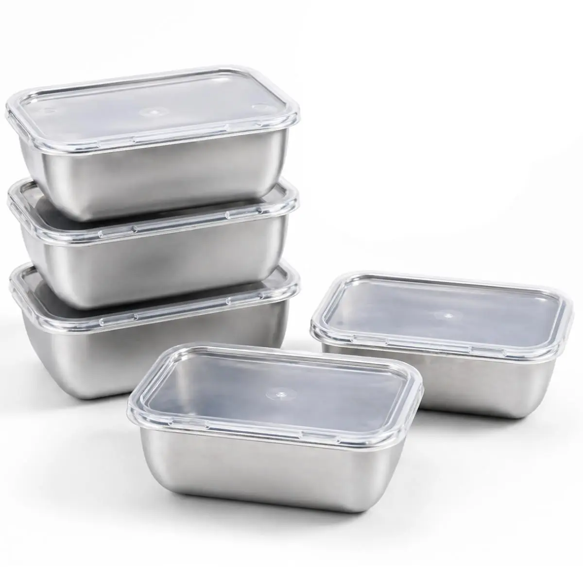 Potes de Inox com Tampa 5 Peças Retangular Vmstark - Conjunto Tigelas Bowl Empilhável 500ml para Cozinha, Armazenar Alimentos e Marmitas