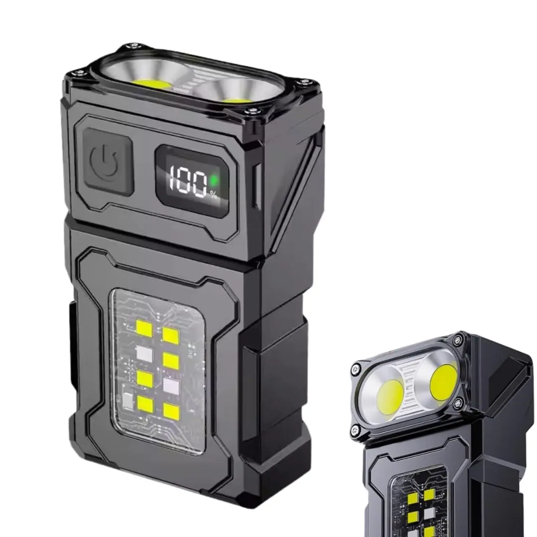 Lanterna LED Multifuncional Com Imã Cabeça Giratória Clip Presilha em Aço Inox e Visor Dgital – Iluminação Potente Portátil para Emergência, Trabalho, Camping