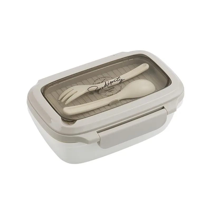 Sinovoe Marmita Lunch Box Bege com Tampa 1000ml Plástico PP com Garfo e Colher - 20x14x8cm Hermética - 1
