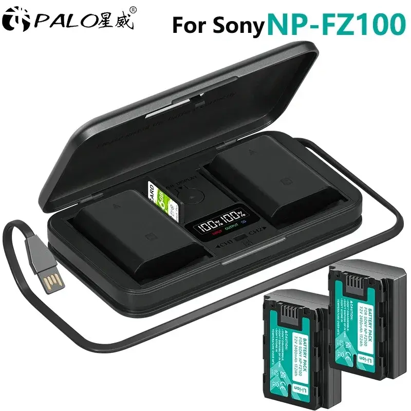 2400mAh NP-FZ100 NPFZ100 NP FZ100 Bateria + Carregador de caixa de armazenamento LCD para câmeras Sony FX30, A9M2, A7S3, A7R5, A7R IV, Alpha A7III