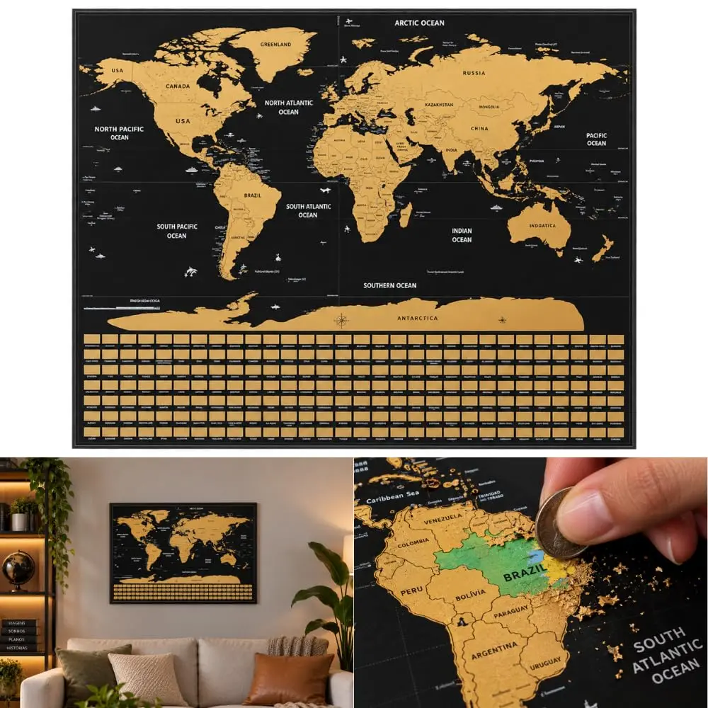Mapa-Múndi de Raspar 82 x 59 cm com Tubo para Viagens | Mapa de parede raspável com tubo