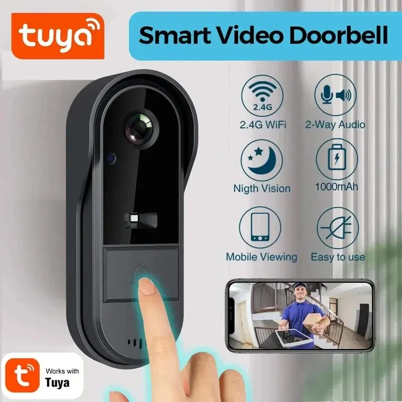 Campainha WiFi Tuya 2 vias HD 1080P, microSD/nuvem, à prova d'água, bateria de 1000mAh, longa duração em standby, câmera de segurança sem fio - 1