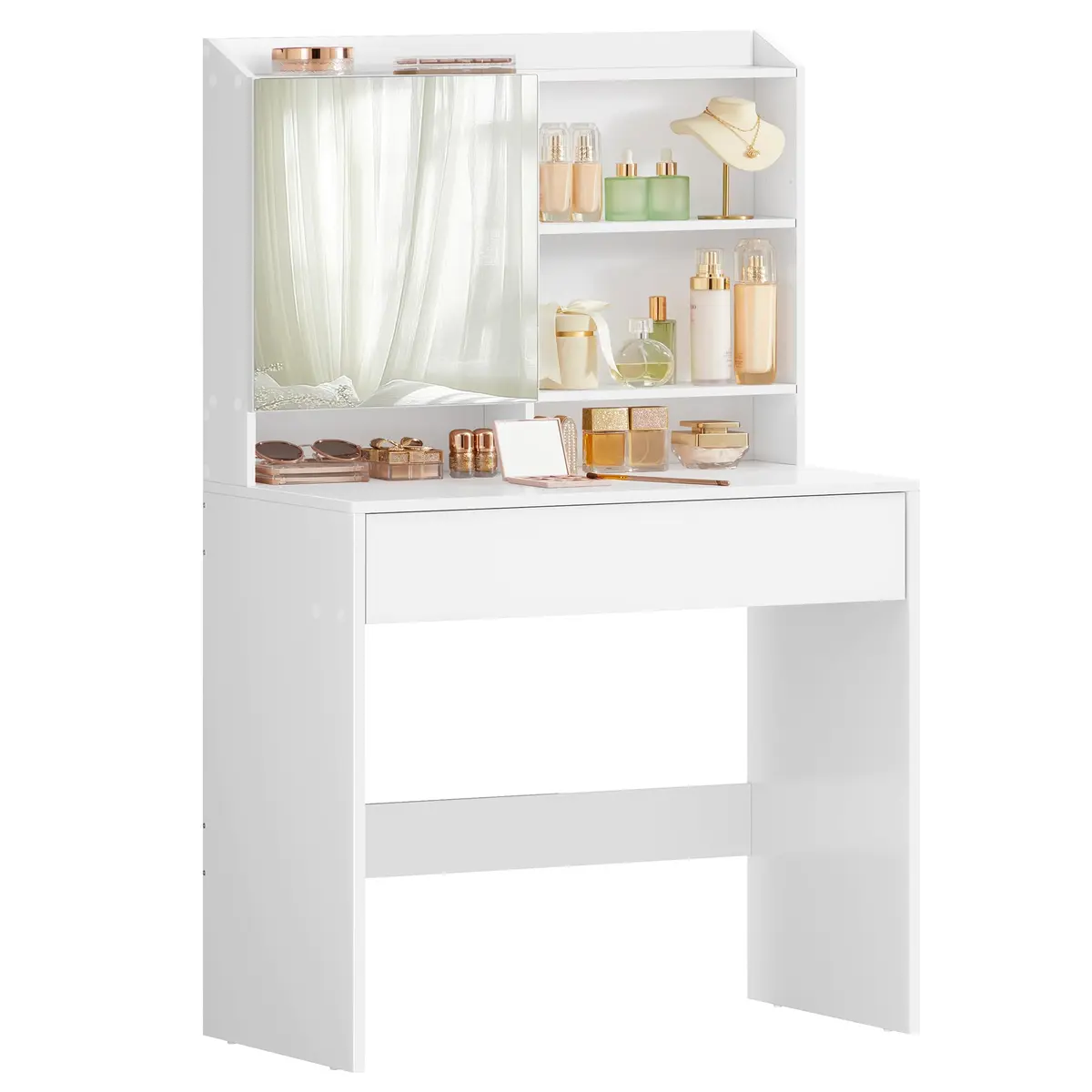 VASAGLE Penteadeira, Mesa de Maquiagem com Espelho e Gaveta, Mesa de Beleza, Prateleiras Ajustáveis, Design Moderno, 40 x 70 x 135 cm, Branco Nuvem BRRDT118W01