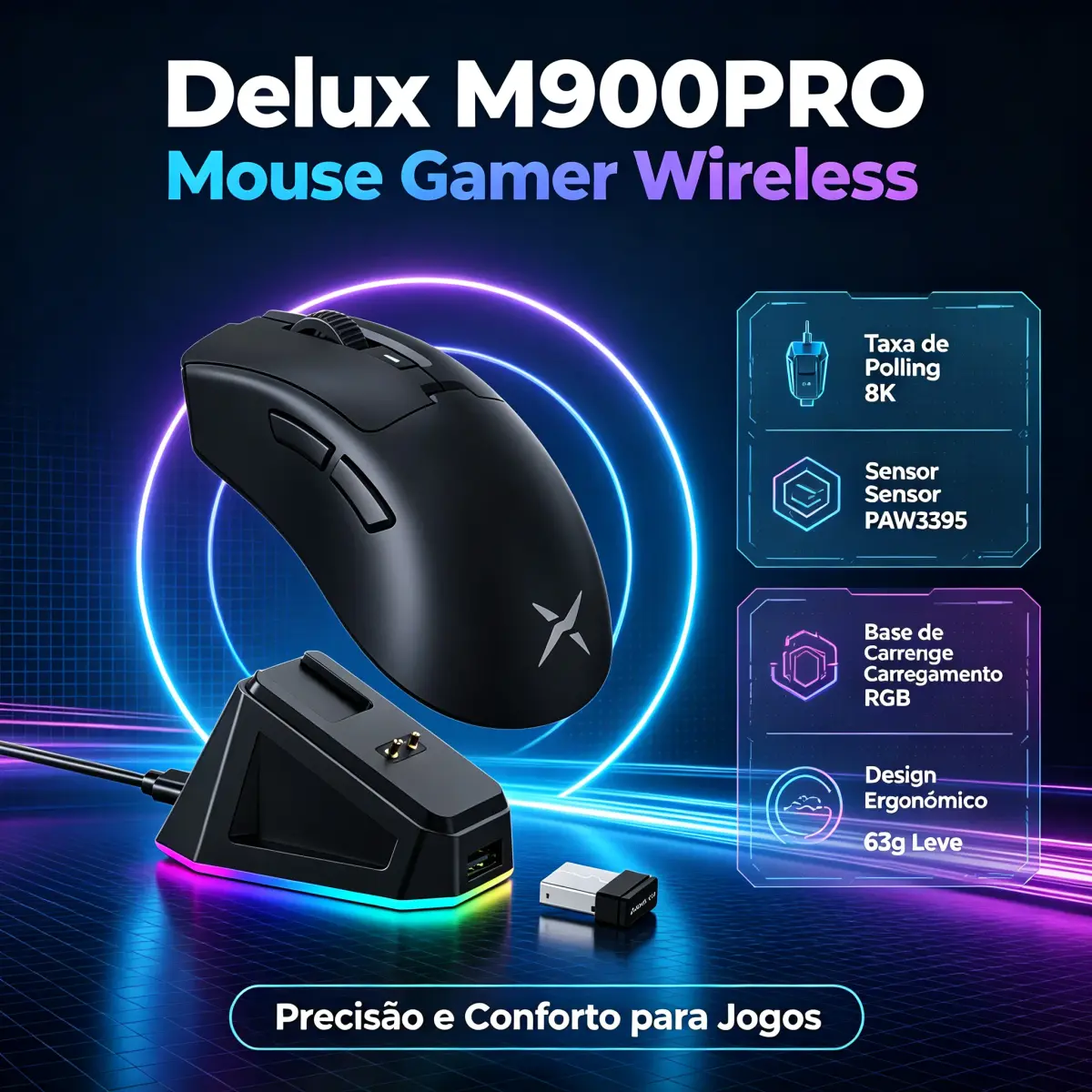 Mouse Gamer Sem Fio Delux M900PRO, Taxa de Polling de 8K, Bateria de 500mAh, PAW3395, Dock de Carregamento RGB, Leve com 63g - 1