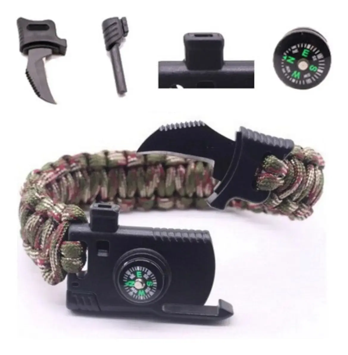 Pulseira Paracord Bússola Apito Lâmina Pederneira Cor Camuflado