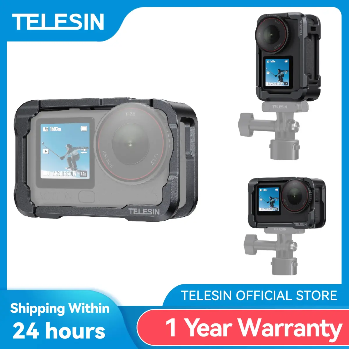 Gaiola de Proteção TELESIN em Liga de Alumínio para DJI OSMO Action 6 com Adaptador Duplo Cold Shoe e Carcaça Metálica