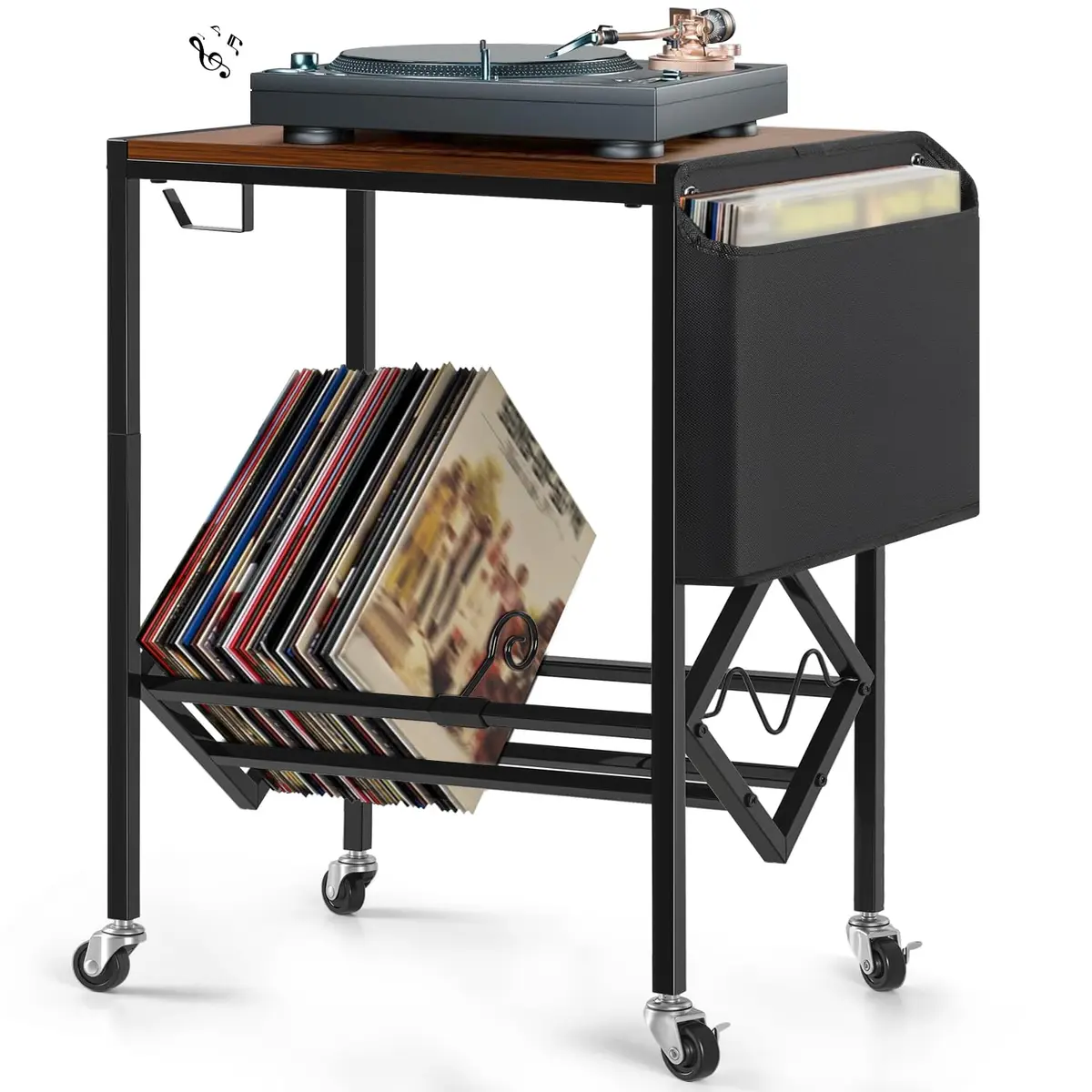 Suporte para Toca-Discos de 2 Níveis, Rack de Armazenamento de CD Gancho para Fones de Ouvido, Organizador de Discos de Até 200 Álbuns, Suporte Grande para Toca-Discos de Vinil