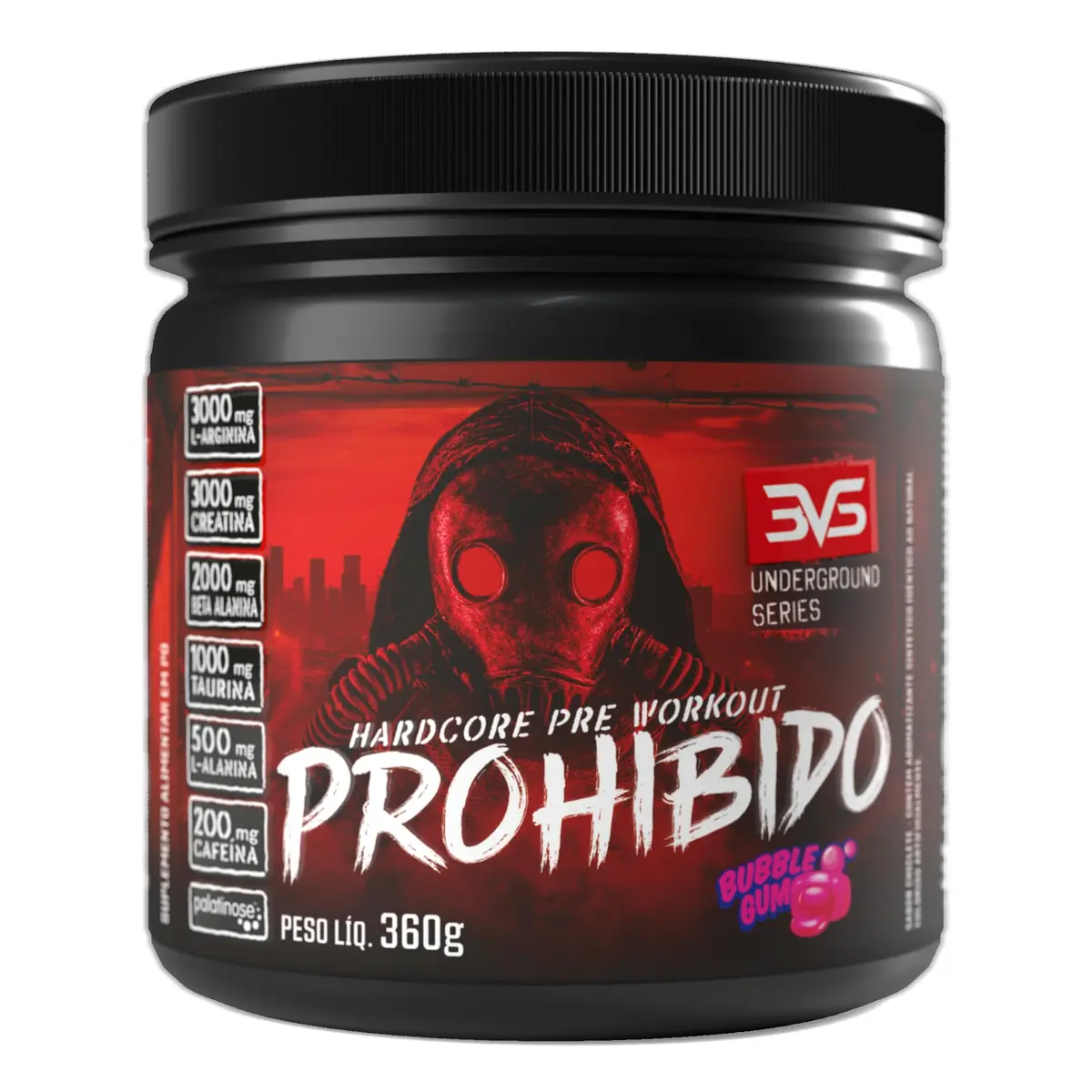 Pré-Treino Prohibido Chiclete 360g 3VS Nutrition | Hardcore Underground · Cafeína 200mg por Dose + Beta Alanina + Creatina