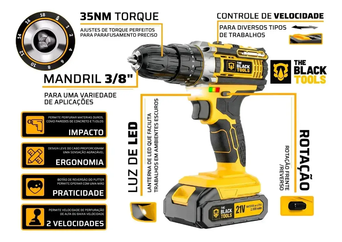Parafusadeira Furadeira De Impacto The Black Tools Com Maleta + Kit Acessórios 147 Peças 2 Baterias Profissional Tbkit17 thumbnail 3