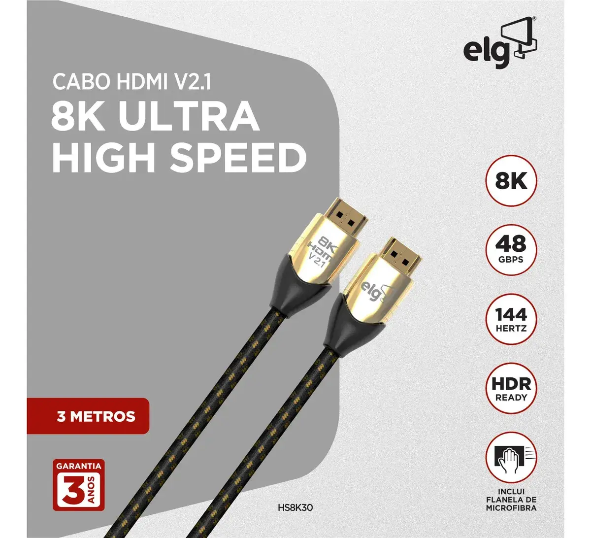 Cabo HDMI 2.1 8K 3m ELG 60Hz 4K 120Hz 48Gbps eARC Dolby Vision Atmos VRR 3D Ouro 24K Cobre OFC Tripla Blindagem HS8K30 thumbnail 2