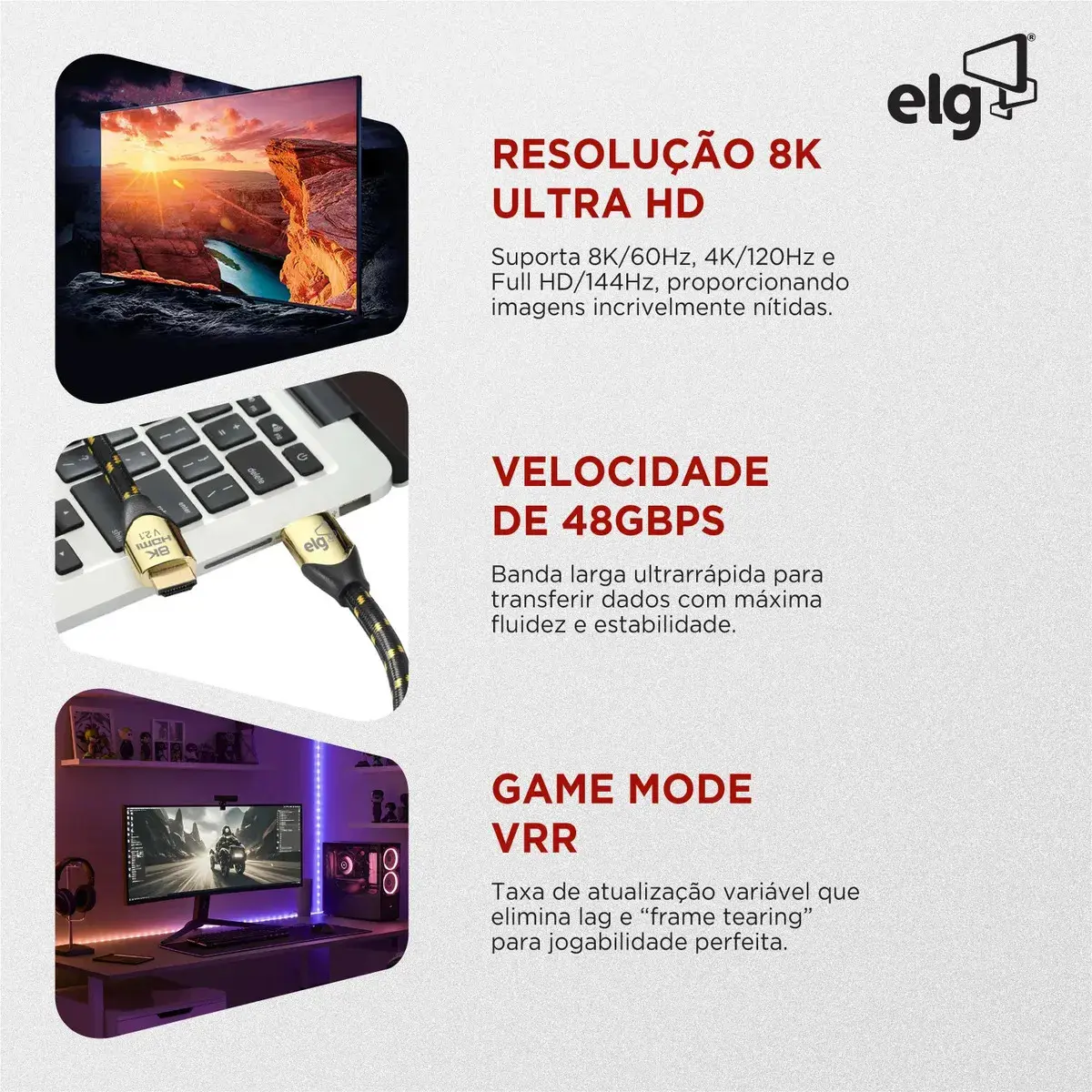 Cabo HDMI 2.1 8K 3m ELG 60Hz 4K 120Hz 48Gbps eARC Dolby Vision Atmos VRR 3D Ouro 24K Cobre OFC Tripla Blindagem HS8K30 thumbnail 3
