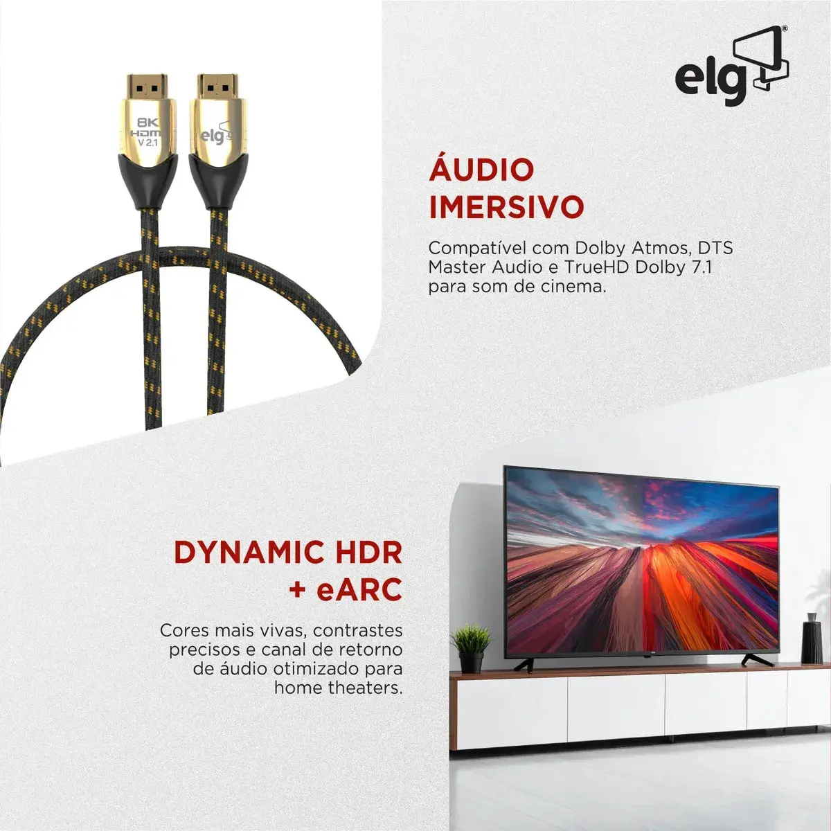 Cabo HDMI 2.1 8K 3m ELG 60Hz 4K 120Hz 48Gbps eARC Dolby Vision Atmos VRR 3D Ouro 24K Cobre OFC Tripla Blindagem HS8K30 thumbnail 4