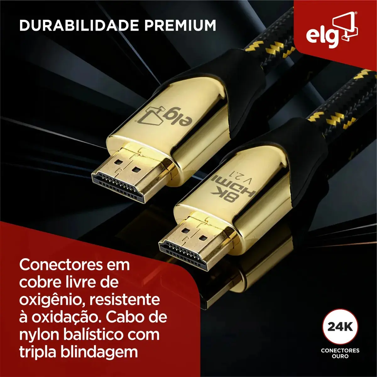 Cabo HDMI 2.1 8K 3m ELG 60Hz 4K 120Hz 48Gbps eARC Dolby Vision Atmos VRR 3D Ouro 24K Cobre OFC Tripla Blindagem HS8K30 thumbnail 5