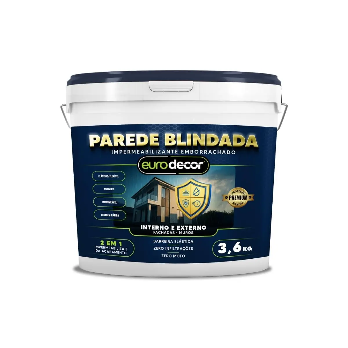 Parede Blindada Euro Decor Tinta Emborrachada 3,6KG Fácil Aplicação Proteção Contra Infiltrações (Branco)