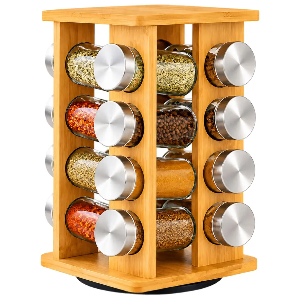 Porta Temperos Giratório 16 Potes de Vidro com Dosador Suporte de Bambu 360° Organizador de Cozinha