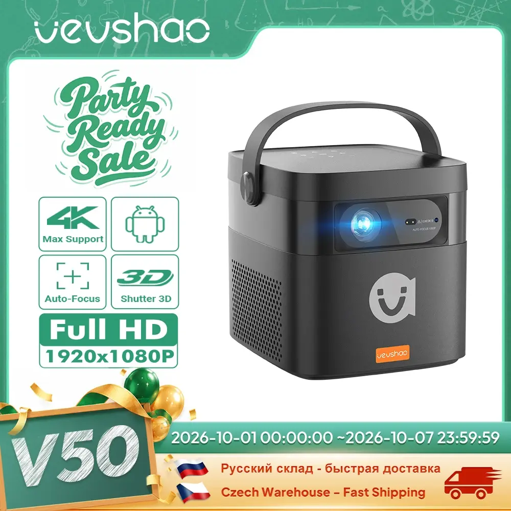 Projetor DLP VEVSHAO V50 400ANSI com Airplay, Miracast, Bateria de 15000mAh, Android 9.0, Foco TOF 3D, Projetor Portátil para Filmes ao Ar Livre