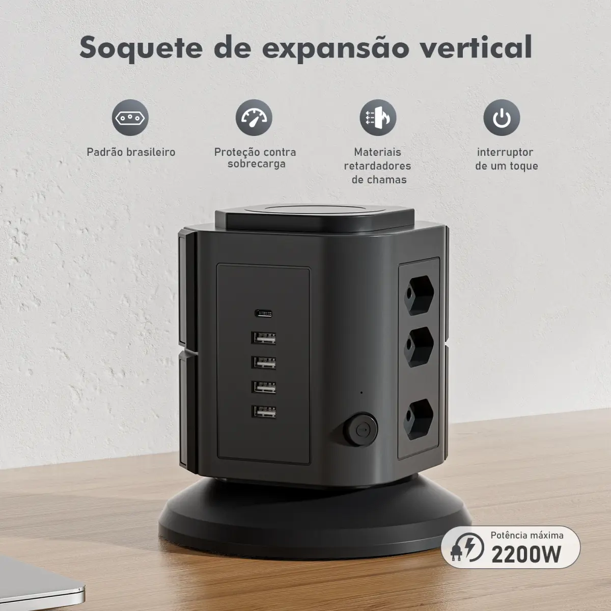 Tomada Vertical com 9 Tomadas 4 USB 1 Type-C Proteção contra Sobrecarga 2200W Padrão Brasileiro com Interruptor e Cabo 2m Pre