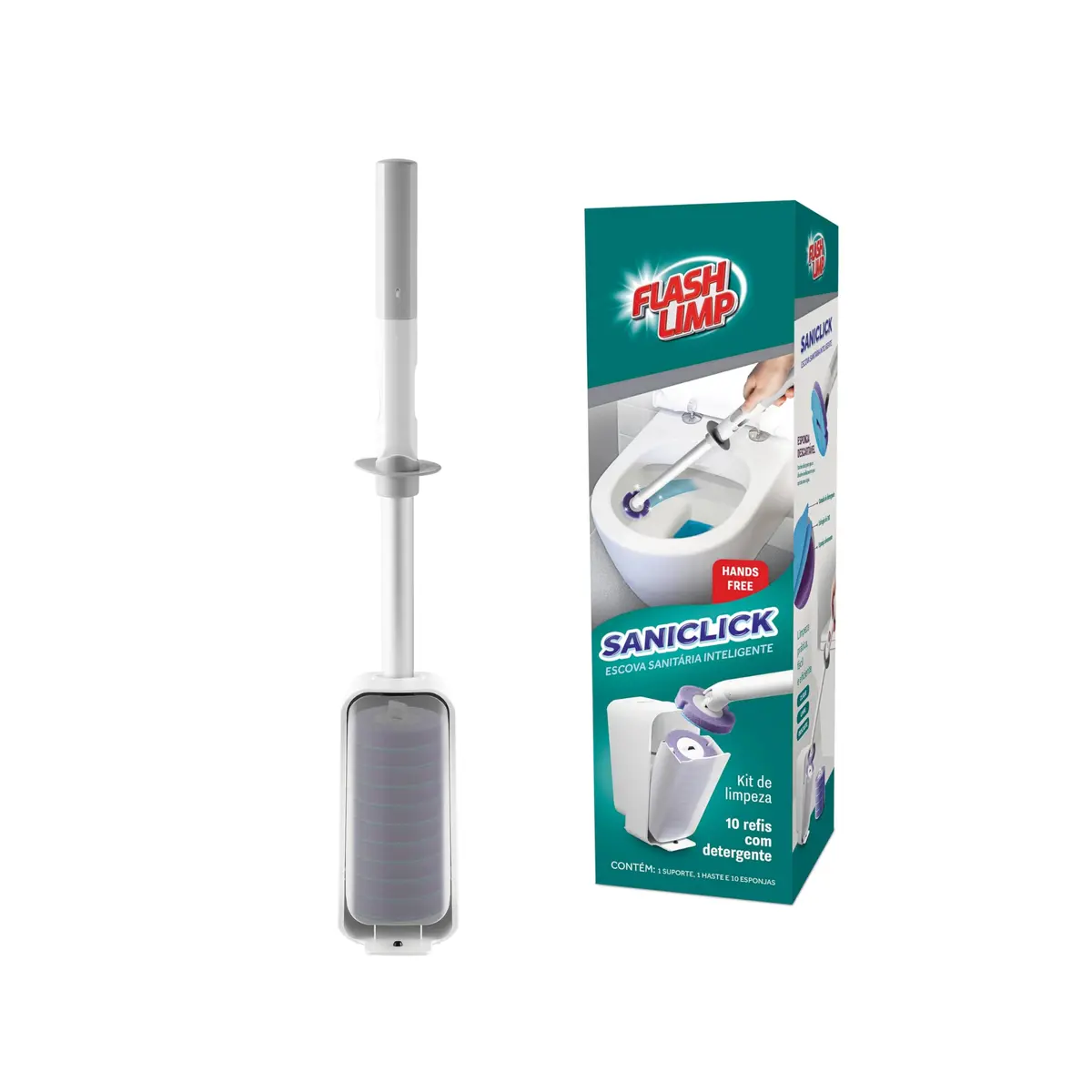 Flash Limp - Escova Sanitária Com Refil Descartável Saniclick - BAN2659 - PP Branca e Cinza