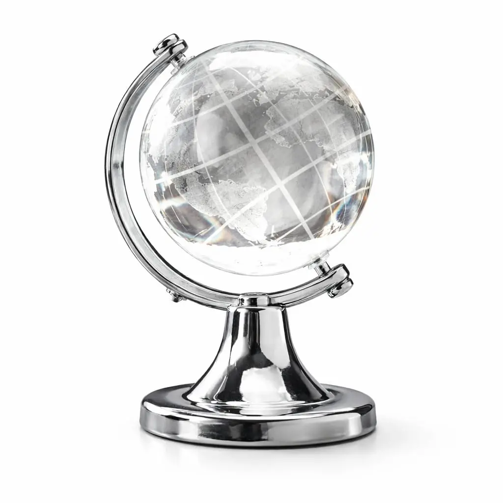 Mini Globo Terrestre Decorativo em Vidro 11cm Premium – Enfeite Elegante para Mesa, Escritório e Sala, Design Moderno Sofisticado com Base Cromada e Efeito Translúcido Luxo