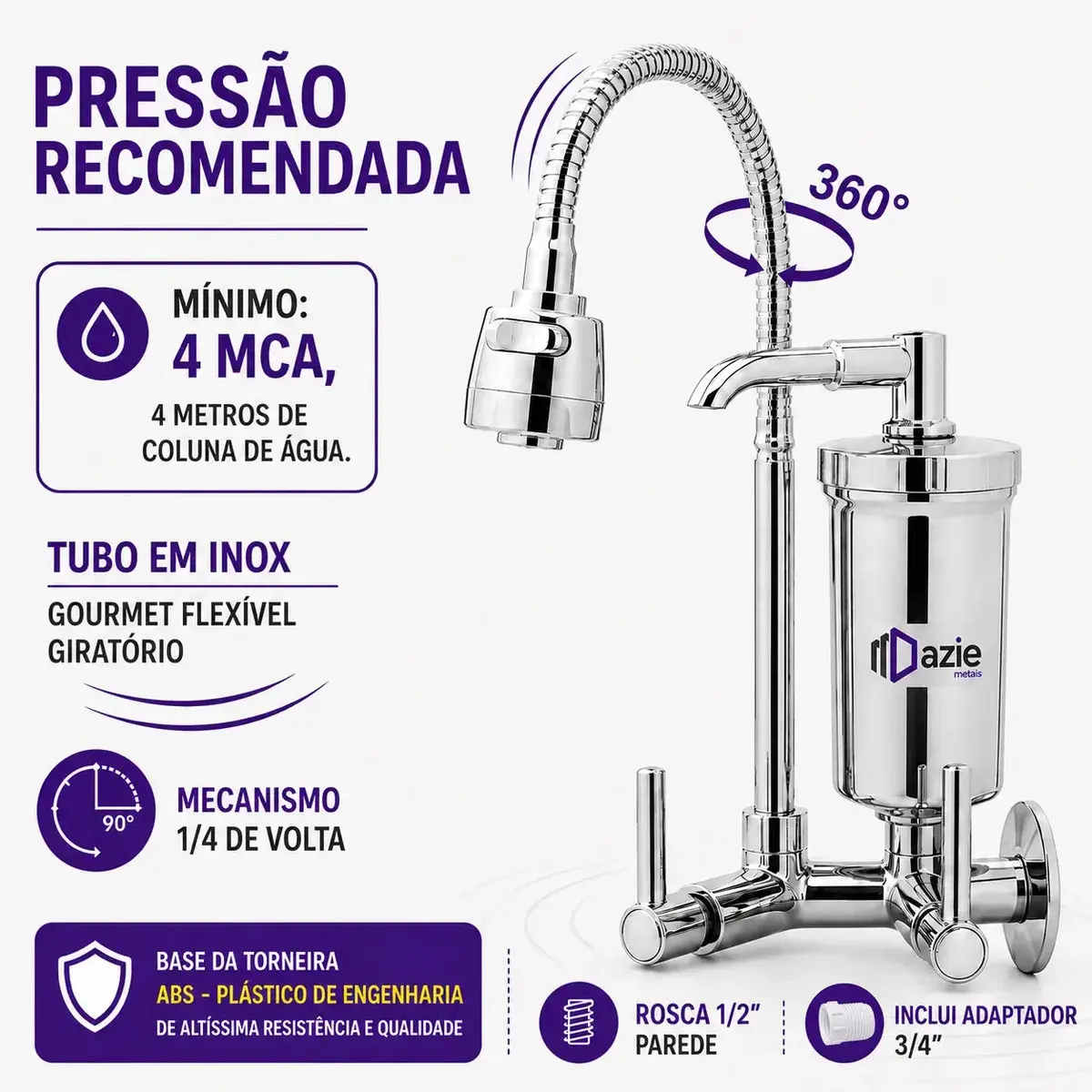 Torneira Com Filtro Cozinha Para Parede Flexível Móvel Em Abs Filtro Purificador De Agua Com Refil Instalado Bica Gourmet 2 Modos de Jatos Chuveirinho Registro 1/4 de Volta Luxo thumbnail 3