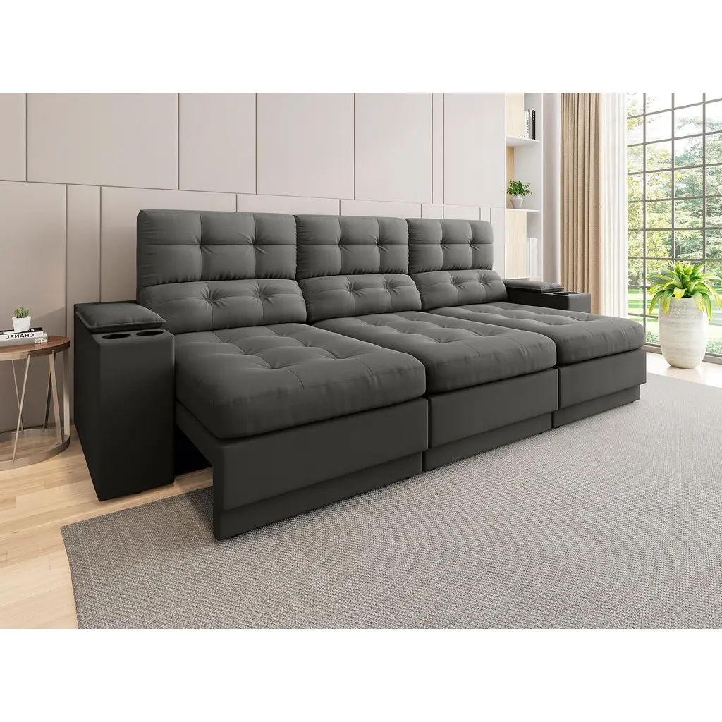 Sofá com Porta Copos e Carregador USB Eureka 2,30m Assento Retrátil e Reclinável Velosuede - NETSOFAS - 1