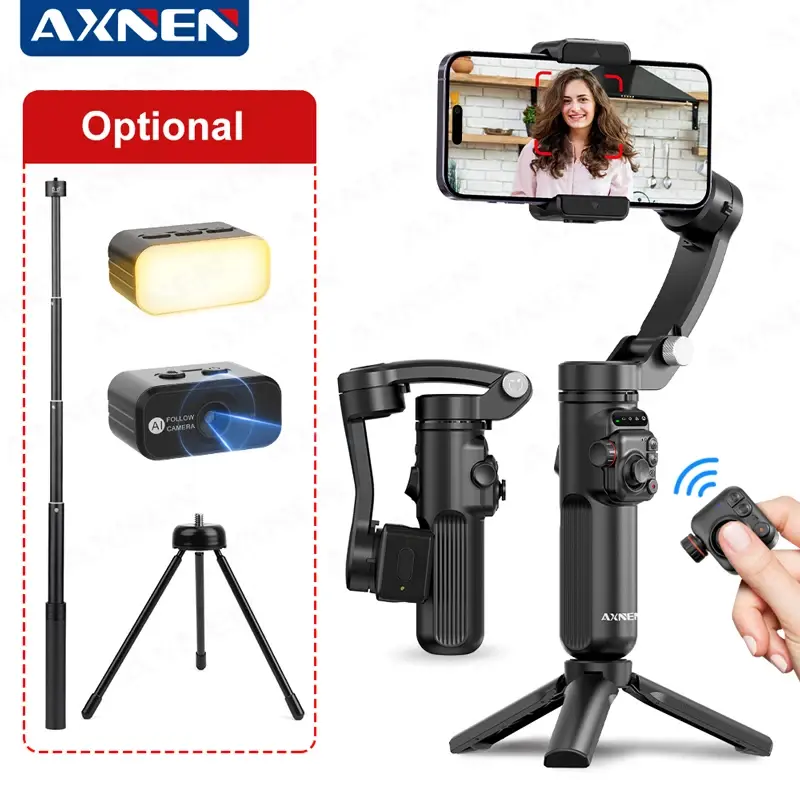 AXNEN M02 Estabilizador de telefone Gimbal portátil dobrável de 3 eixos AI Face Tracking para iPhone Android Smartphone, controle remoto removível - 1