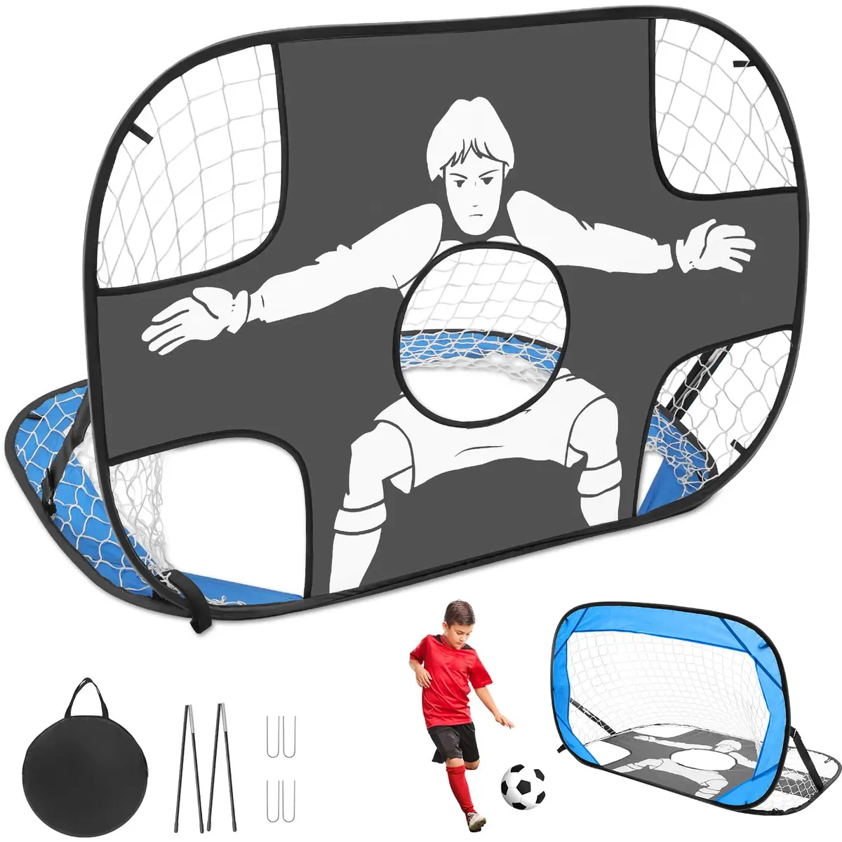 2 em 1 Gol Dobrável Duplo Treino com Goleiro Portátil, 120 x 80 x 80 cm Rede de Alvo de Gol de Futebol, Trave Futebol com Rede Reforçada, Equipamento de Treinamento de Redes de Futebol - 1