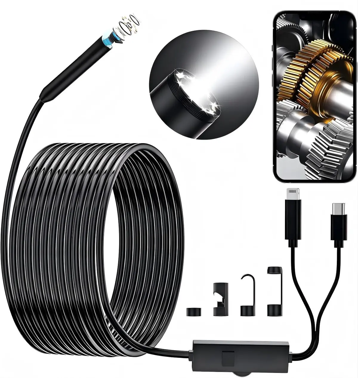 BOGYKIK Endoscópio, câmera de inspeção com 16,4 pés, câmera de endoscópio com luz, boroscópio HD 1920P 8 luzes LED, de inspeção, de cobra, 7,9 mm IP67 à prova d'água - 1