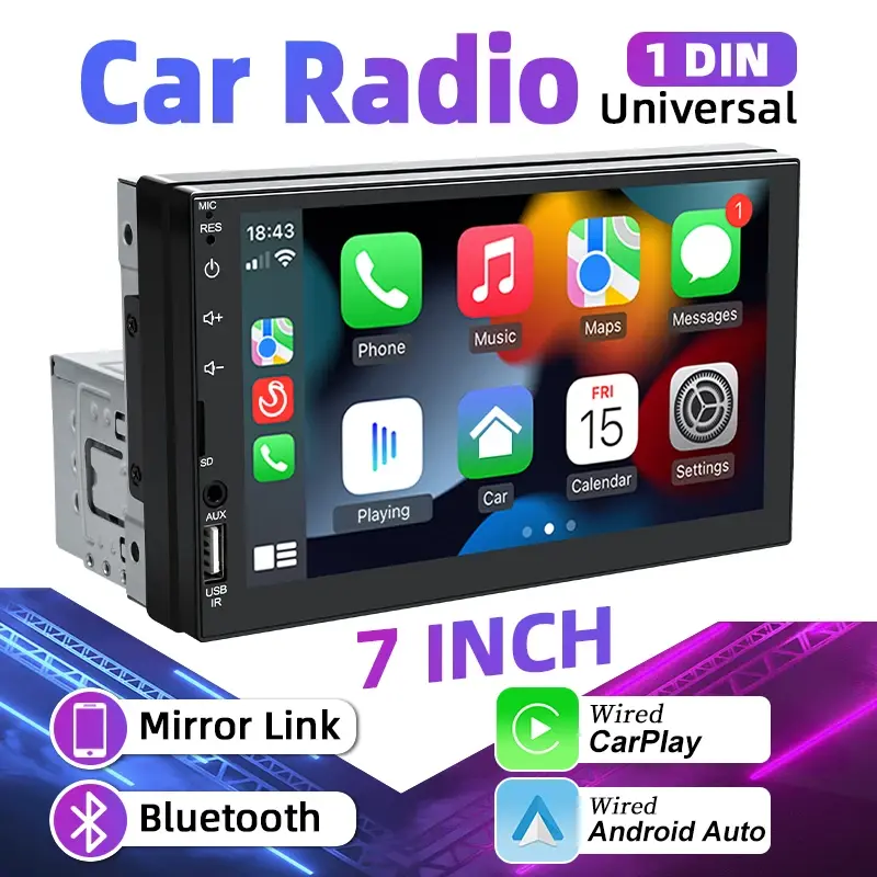 Rádio Automotivo 7" 1 Din com Carplay, Android Auto, Reprodutor Multimídia Universal, Autorádio com Tela Touch HD, Entrada FM, AUX, Bluetooth e MirrorLink - 1
