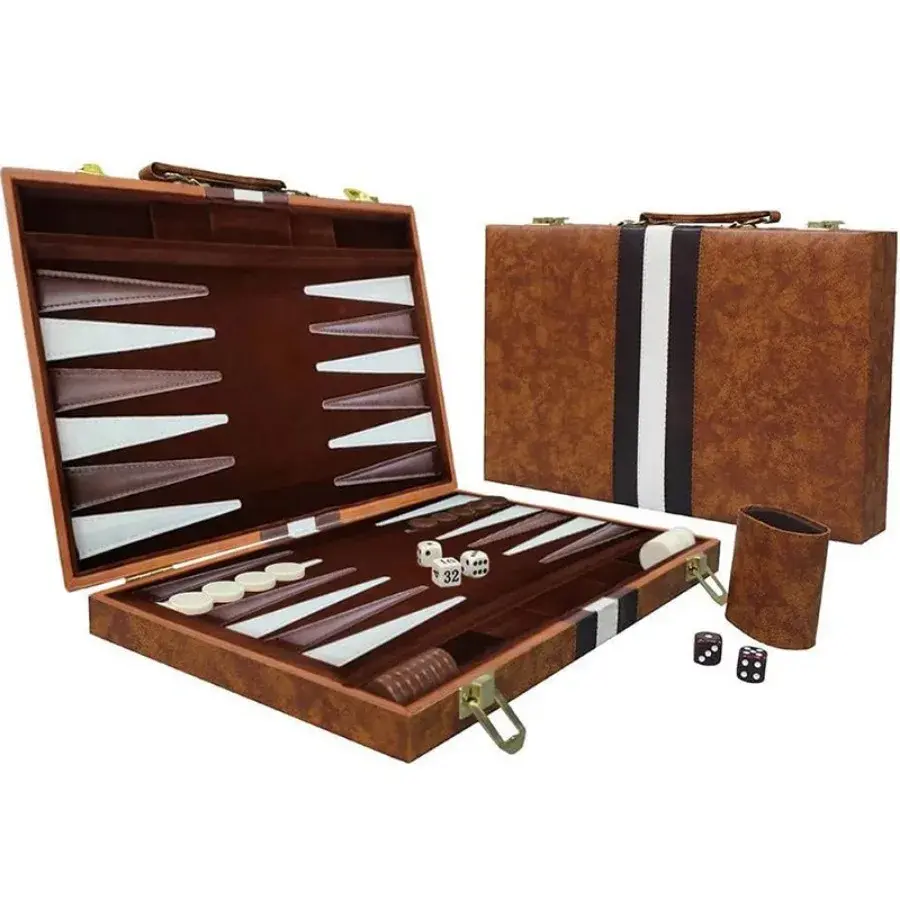 Conjunto de gamão de 38 cm, tabuleiro dobrável clássico com estojo de couro, jogo de viagem portátil, pacote de presente ideal para amantes da estratégia