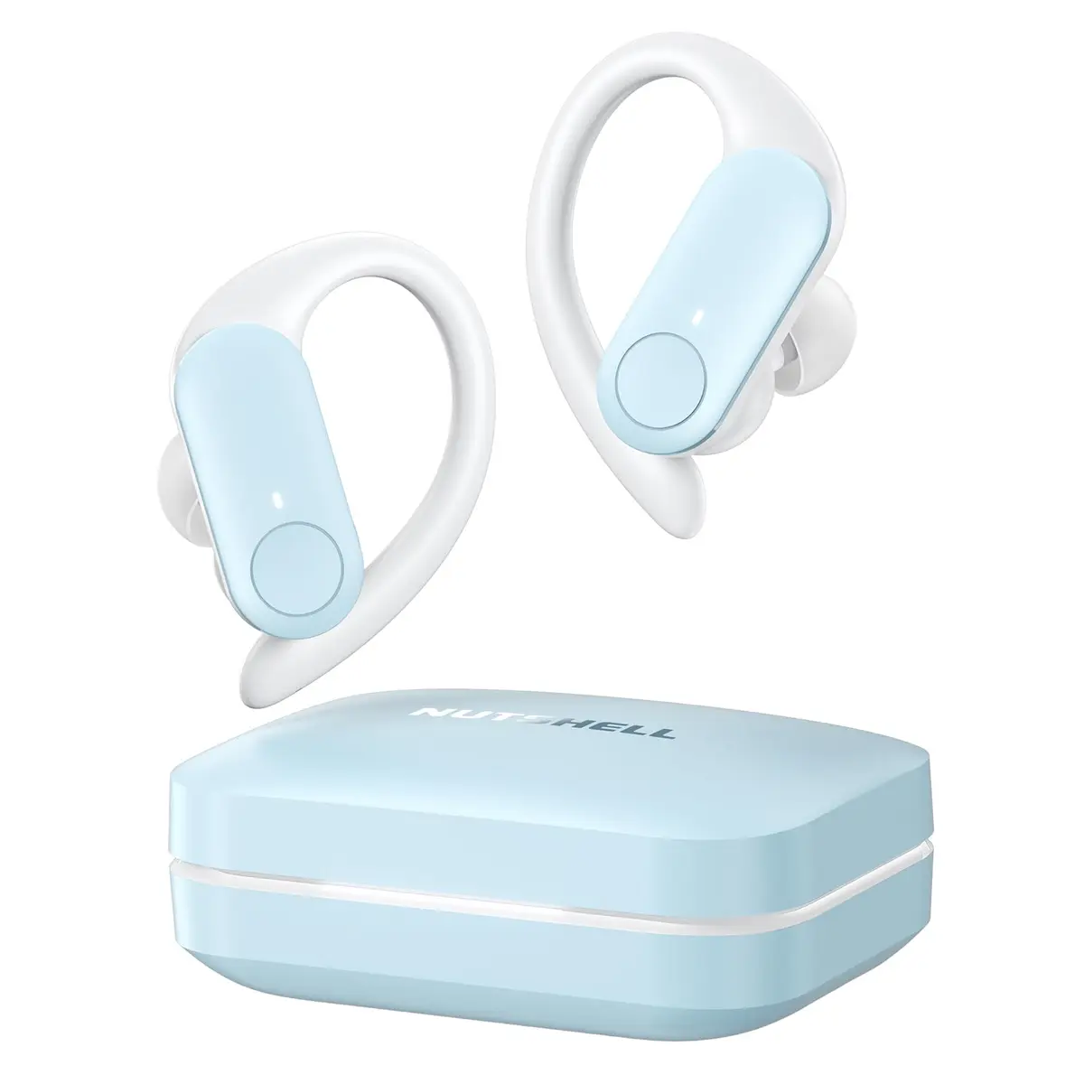 NS18 Fones de Ouvido Bluetooth para Treino - 12 Horas de Bateria, À Prova de Suor, App Personalizável, Drivers de 13mm com Graves Potentes, Microfone para Chamadas Claras (Branco e azul-claro)