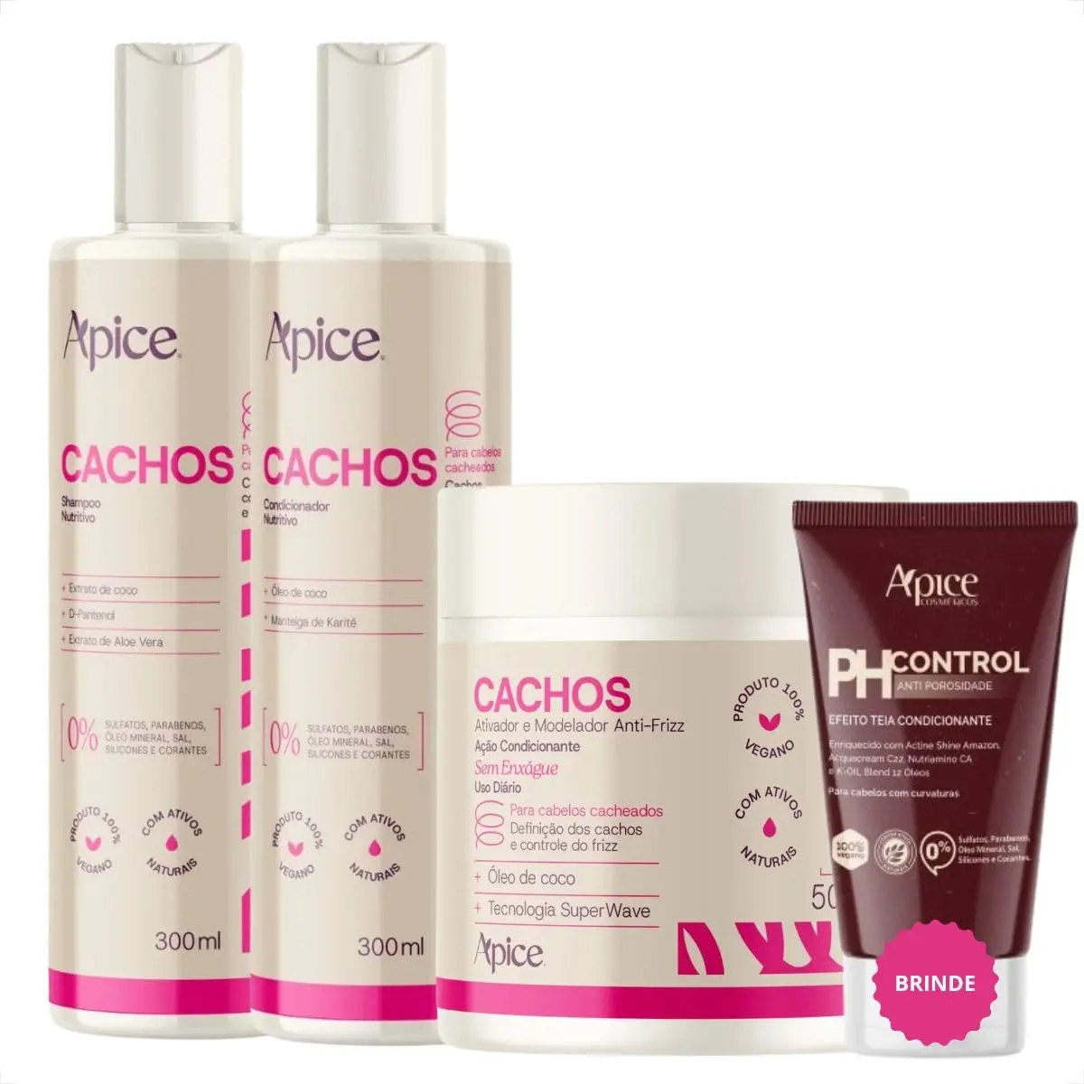 Kit Cachos Ápice com Shampoo, Condicionador, Ativador de Cachos e PH Control 50g Definição Nutrição e Ação Antifrizz Controle Porosidade Cachos Definidos - 1