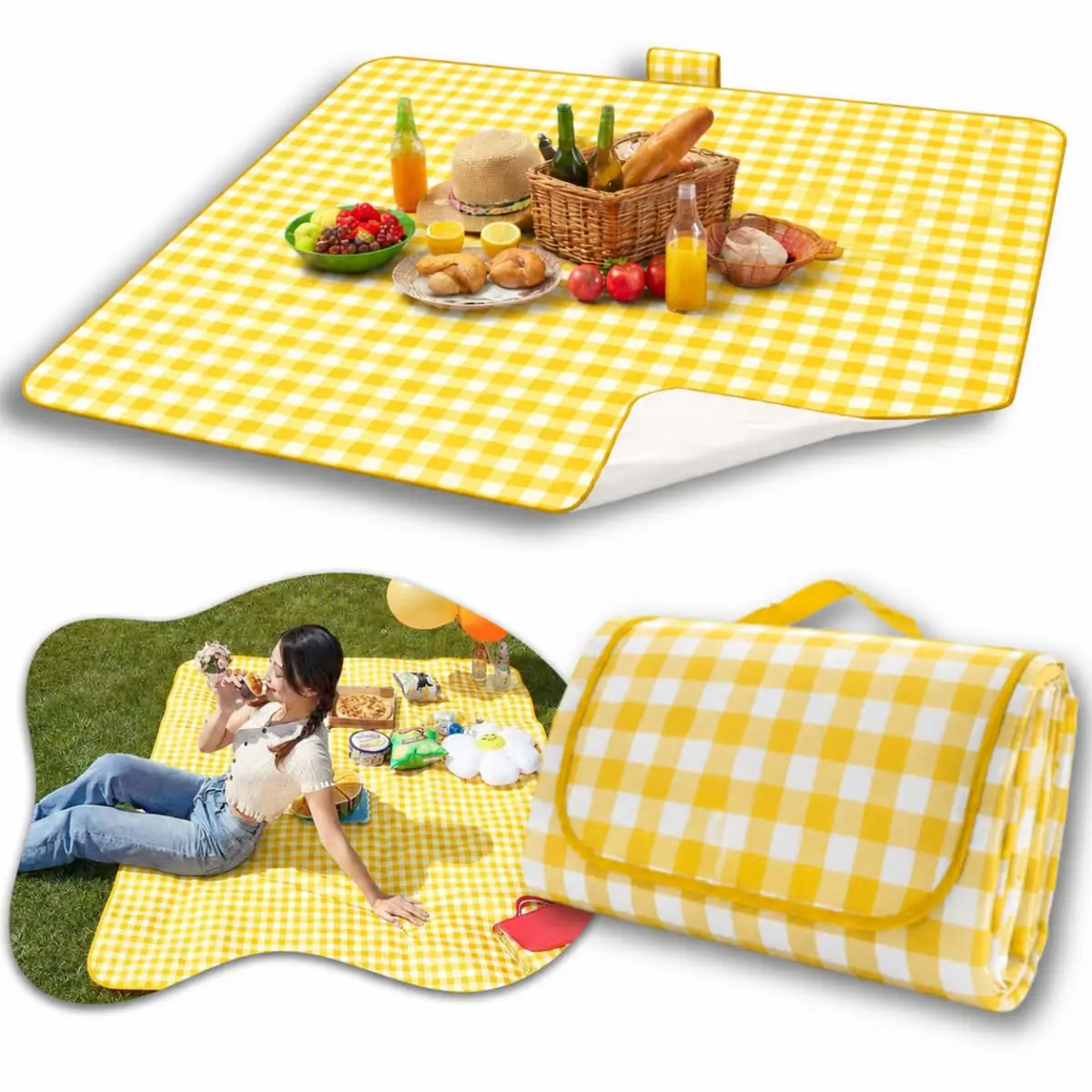 Tapete para Piquenique Impermeável Dobrável Grande 200x200cm com Alça, À Prova de Água, Fácil de Carregar, Ideal para Parque, Praia e Passeios ao Ar Livre – Qualidade Premium LNSTORE (Amarelo)