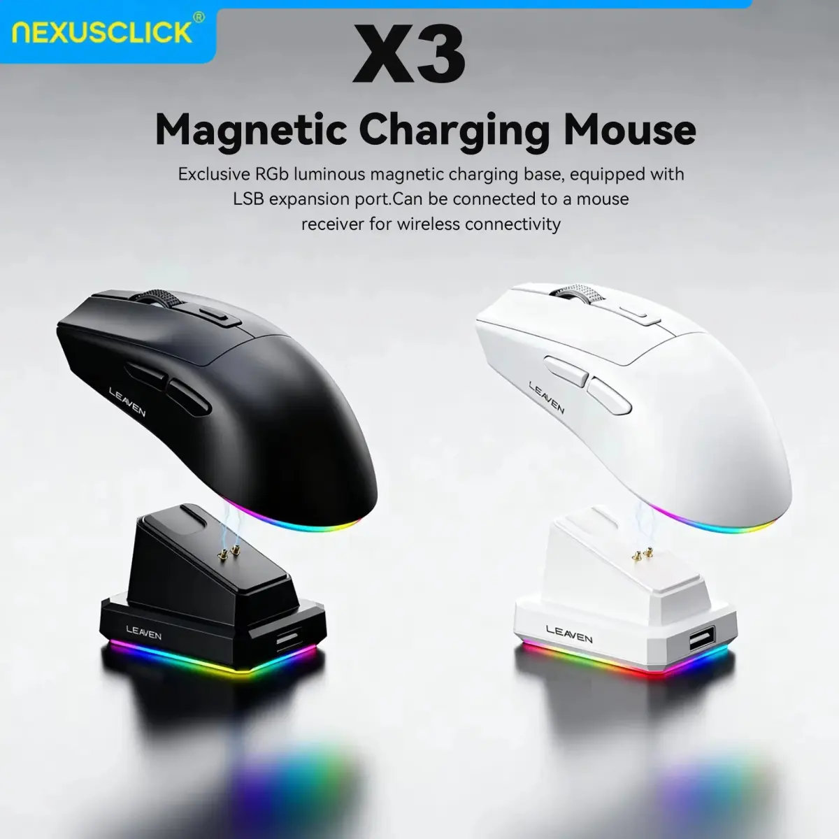 Mouse Gamer Sem Fio NexusClick Dual Mode, Leve com Iluminação RGB, Base de Carregamento Magnética, DPI Ajustável, Ergonômico para Laptop e PC - 1