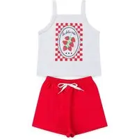 Infantil - Conjunto Menina Verão Blusa Cropped de Alcinha Estampa Morangos em Cotton Shorts Moletinho - 1