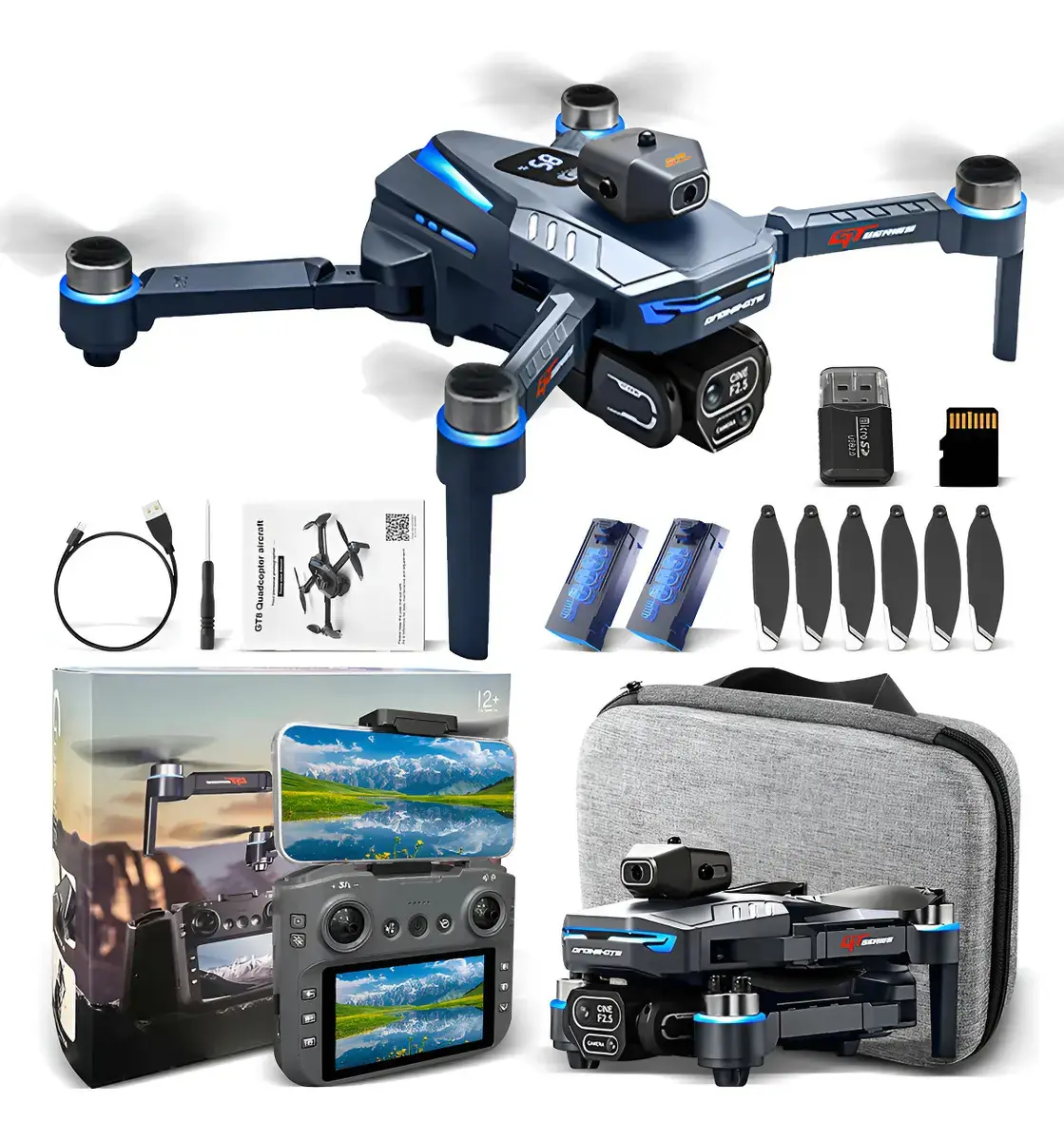 Drone Gt8 Com Tela, Câmera Hd 4k Motor Brushless 2 Baterias Cor Preto