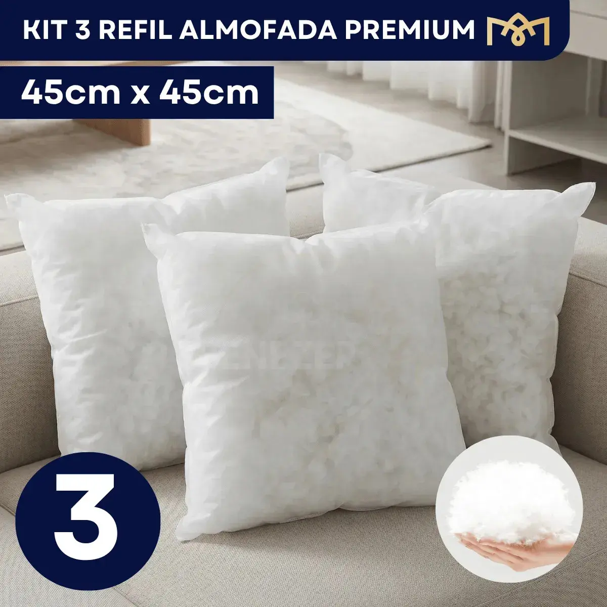 Kit 3 Enchimento Almofada Refil Quadrado 45x45cm Fibra Hipoalergênica Antiácaro Branco