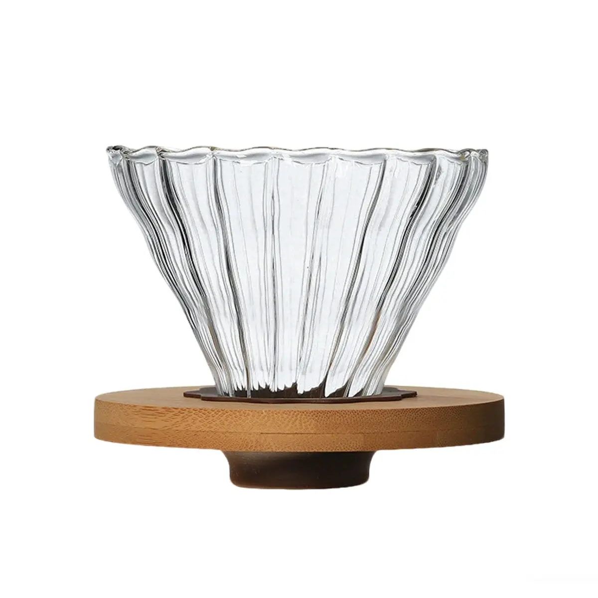 Coador de Cafe Vidro Compatível com Filtro de Papel V60 02, com Base, Suporte para Filtro de Café V60-02 Transparente, Até 4 Xícaras (Bambu)