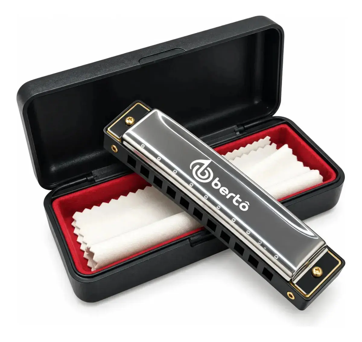 Gaita de Boca Diatônica Bertô Harmônica Profissional Premium em Dó C 10 Furos 20 Tons Cromada para Blues Folk Rock com Estojo - 1